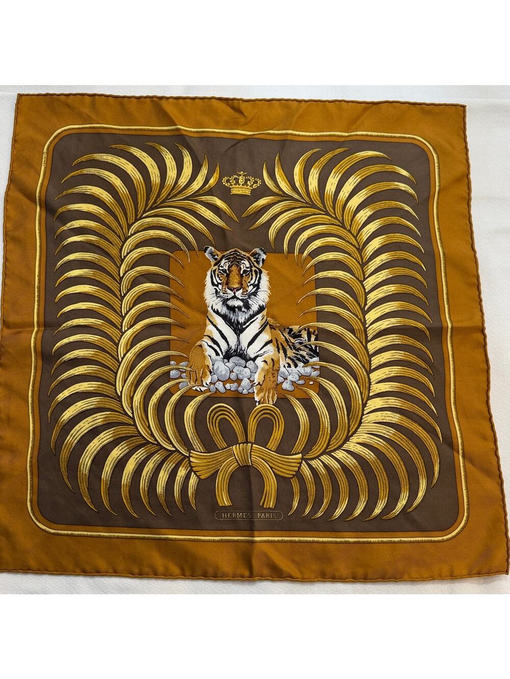 Hermes Paris Vintage Silk  'Le Tigre Royal'  Rolled-Edge Pocket Square
